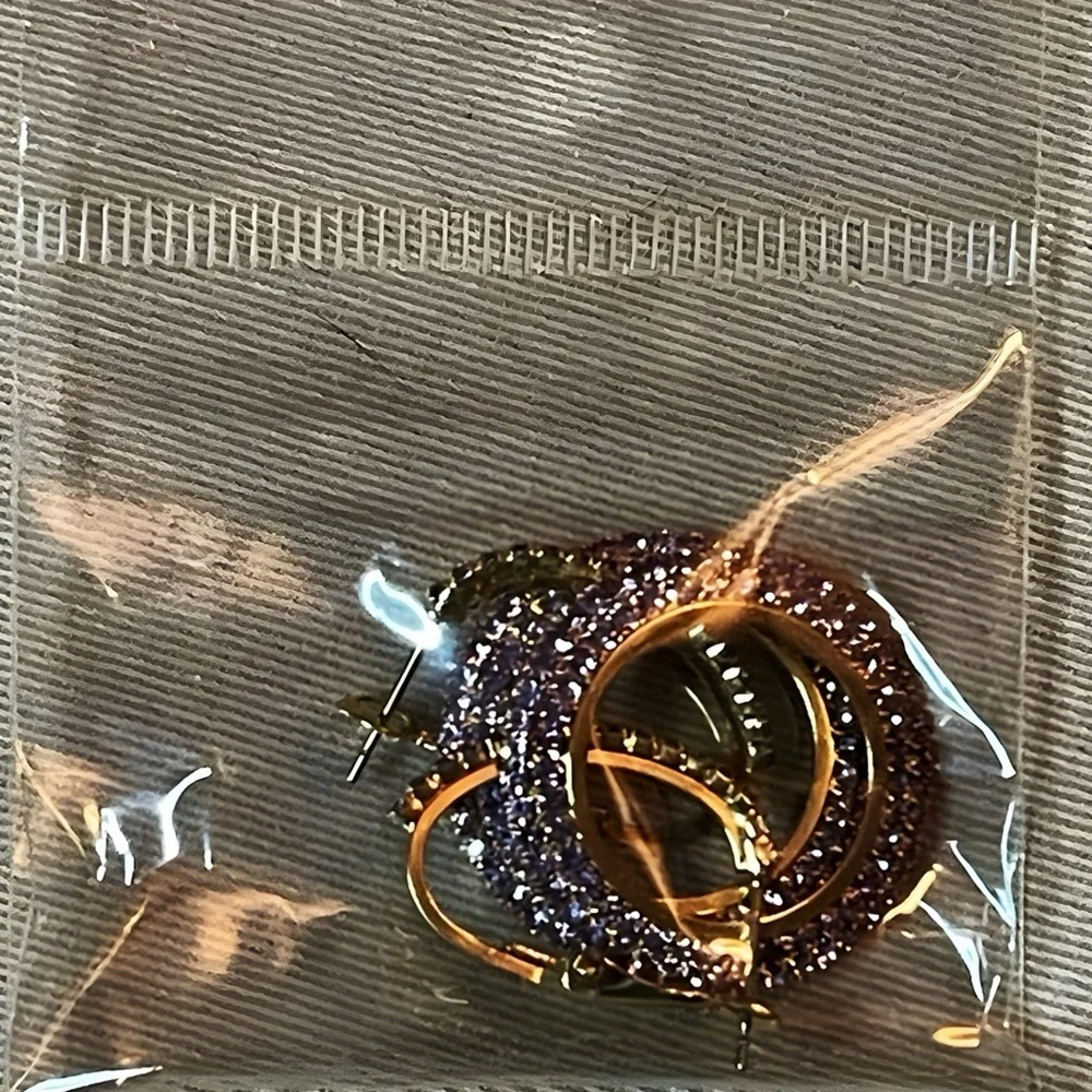 Rose Gold Bling Double Looped CZ Circle Hoops Dangling Earrings NWOT